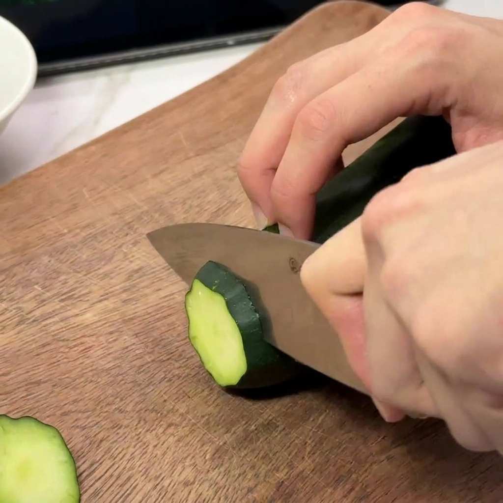Nahaufnahme von Händen, die eine frische Gurke mit einem Kochmesser in dünne Scheiben schneiden.