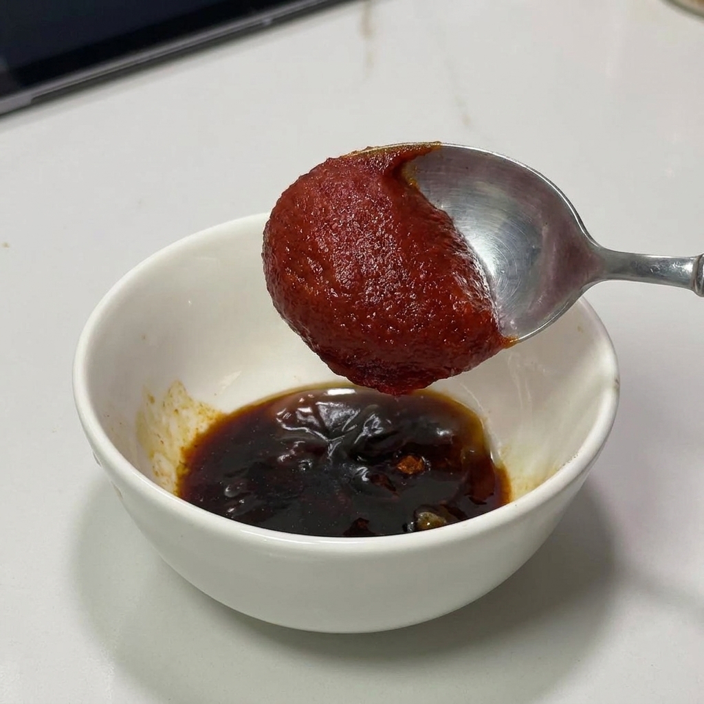 Ein Löffel mit einem Klecks dunkler roter Gochujang-Paste über einer Schüssel mit Sojasauce und Chilipulver.