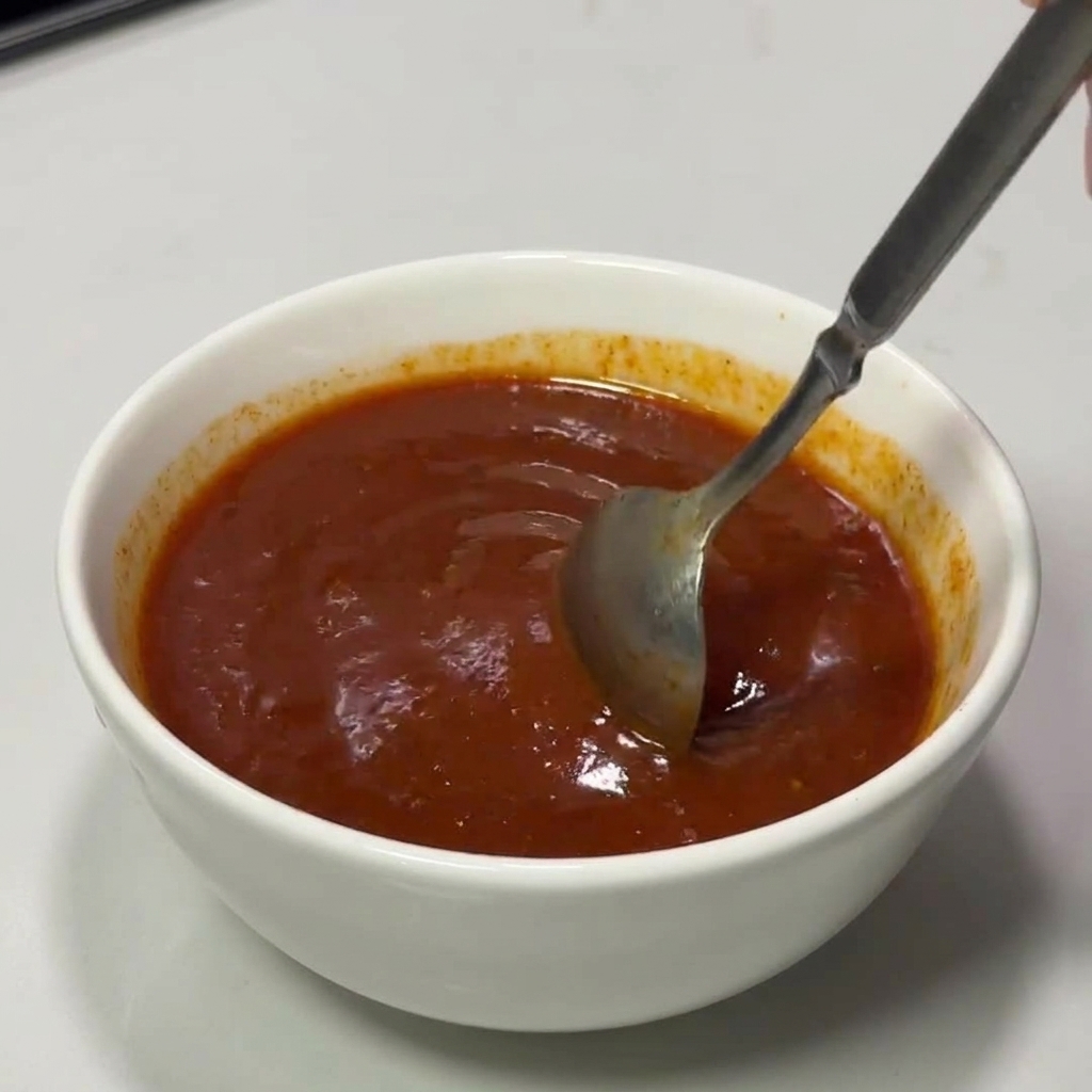 Eine Hand rührt eine dicke, leuchtend rote koreanische Chilisauce in einer weißen Schüssel glatt.