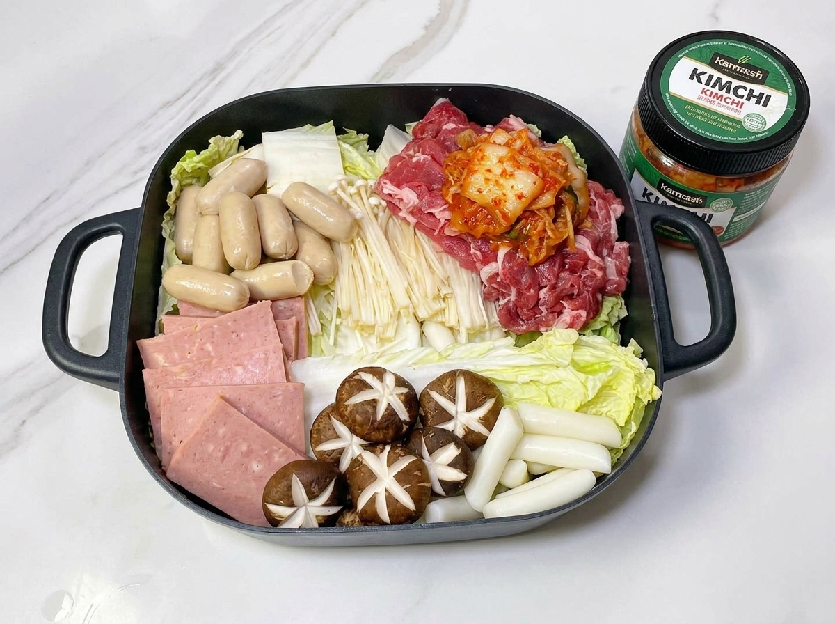 Ein vollständig gefüllter Kochtopf mit bunten Schichten aus Rindfleisch, Würstchen, Kimchi, Reiskuchen und Gemüse.