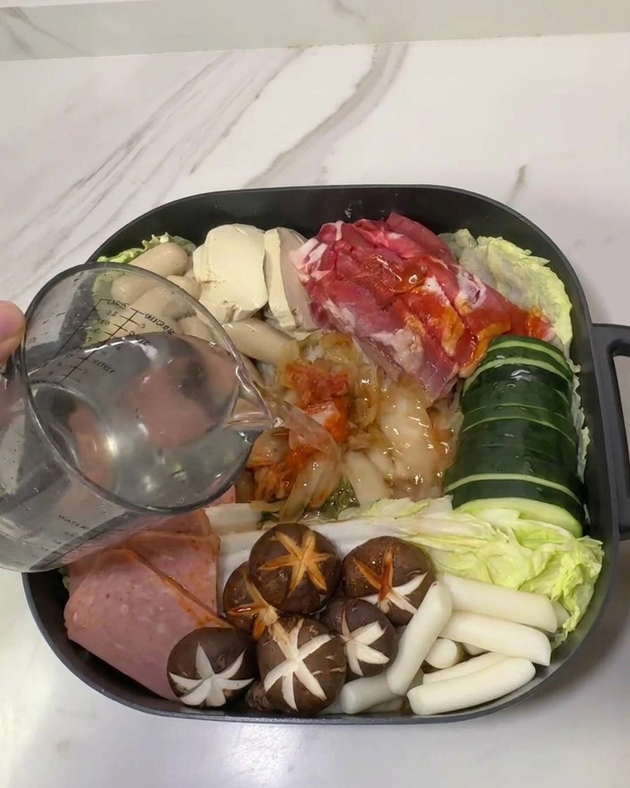 Ein Glasmessbecher gießt Wasser in einen Topf mit angerichtetem Korean Army Stew.