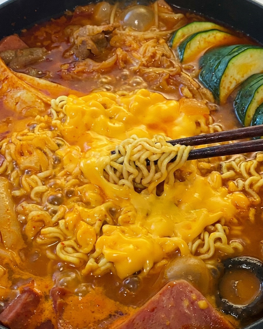 Nahaufnahme von dampfenden Instant-Nudeln mit Stäbchen angehoben, bedeckt mit geschmolzenem gelbem Käse über dem roten Eintopf.