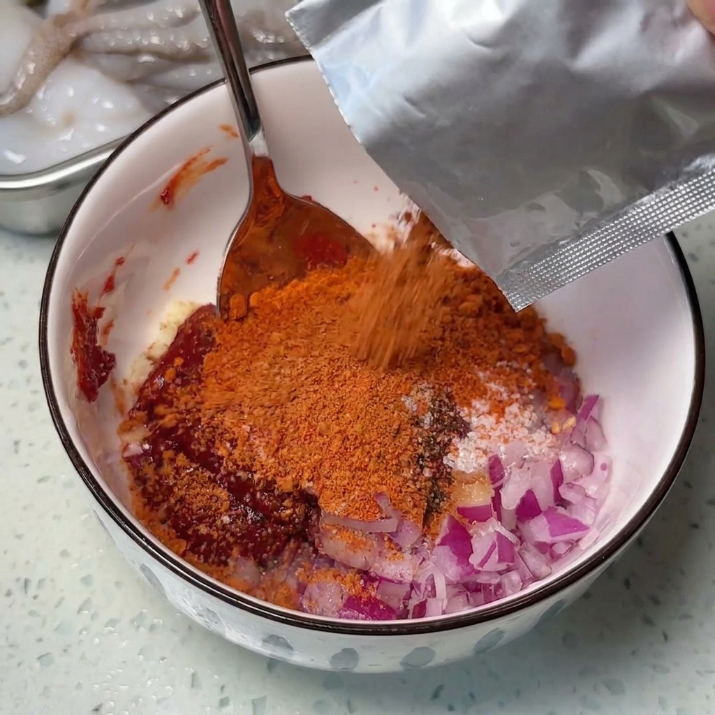 Orange-rotes Würzpulver wird aus einer silbernen Packung in eine Schüssel mit Chilipaste und anderen Zutaten geschüttet.