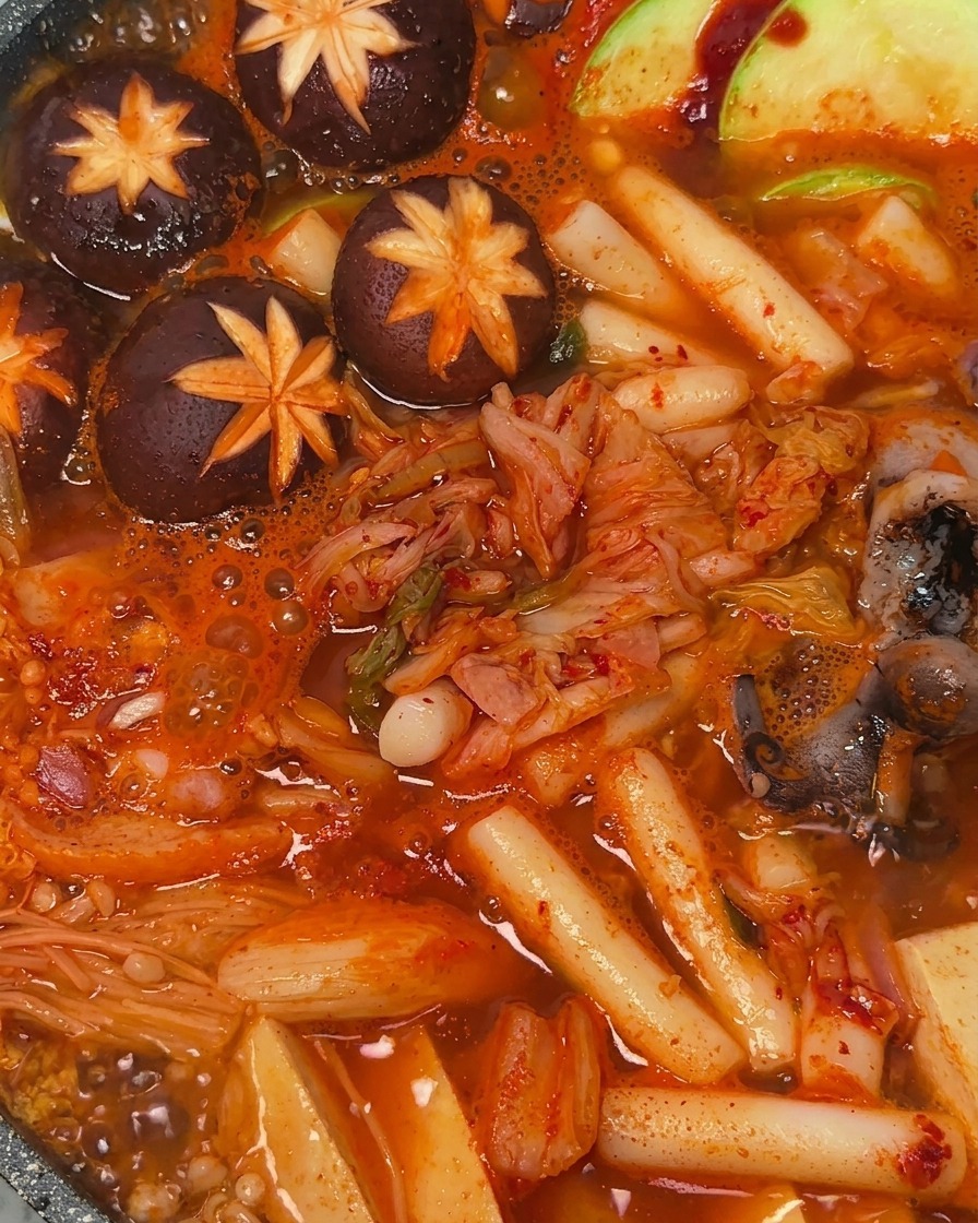 Fermentiertes Kimchi wird in die Mitte eines köchelnden Topfes mit scharfem Army Stew gegeben.