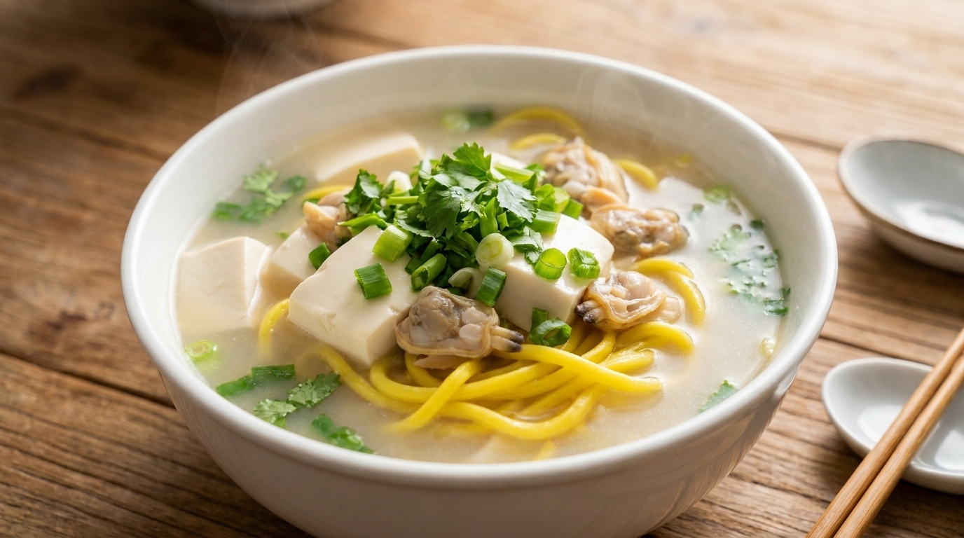 Dandong-Muschelsuppe mit Seidentofu und Cha-zi-Nudeln