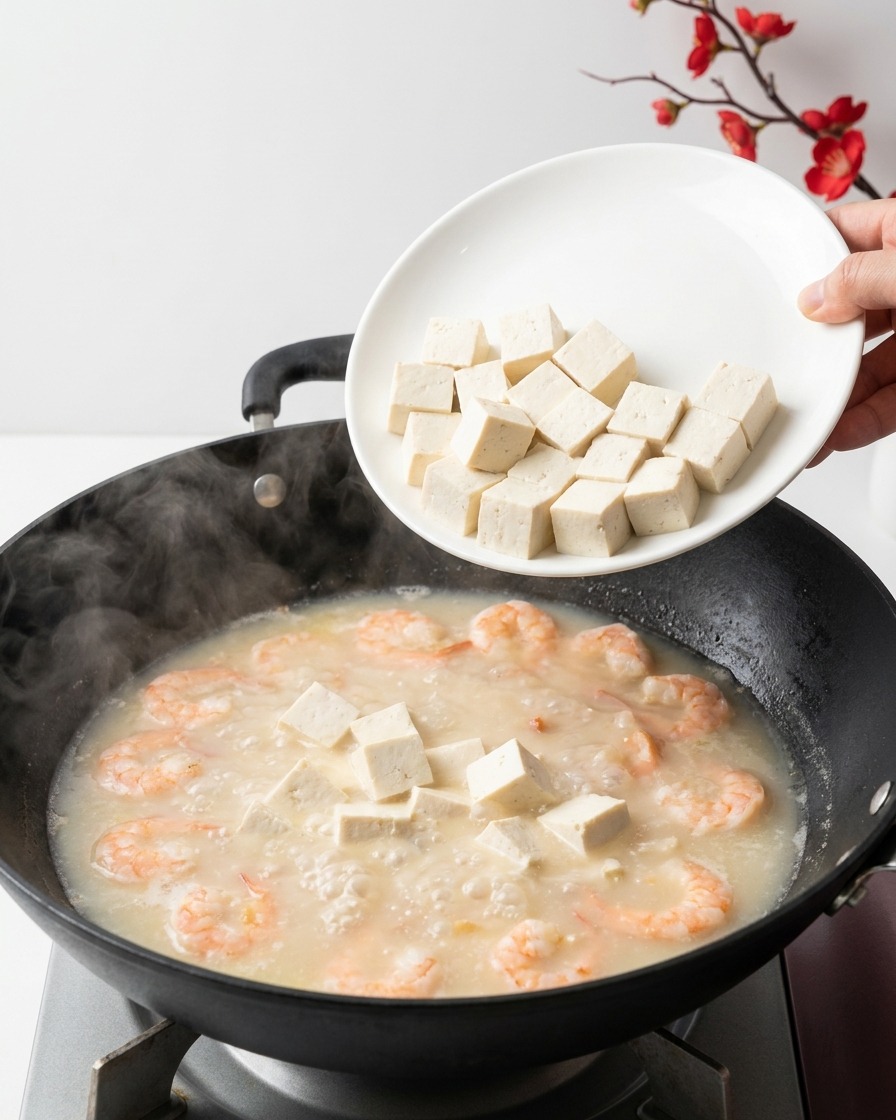 Ein weißer Teller wird über den Wok gehalten, während kleine weiße Tofuwürfel in die köchelnde, milchige Suppe gleiten.