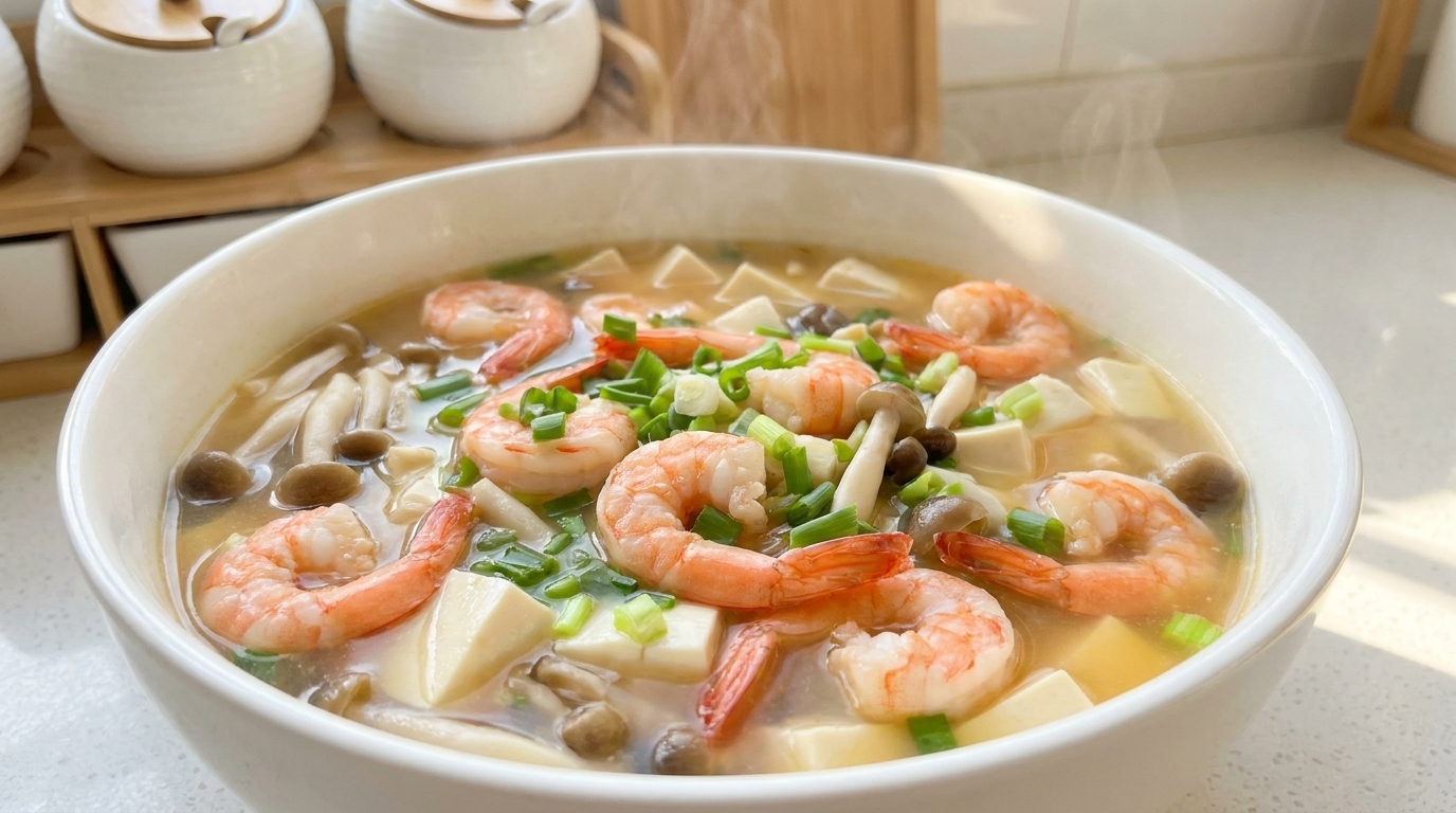 Meeresfrüchte-Tofu-Suppe mit Garnelen und Shimeji-Pilzen