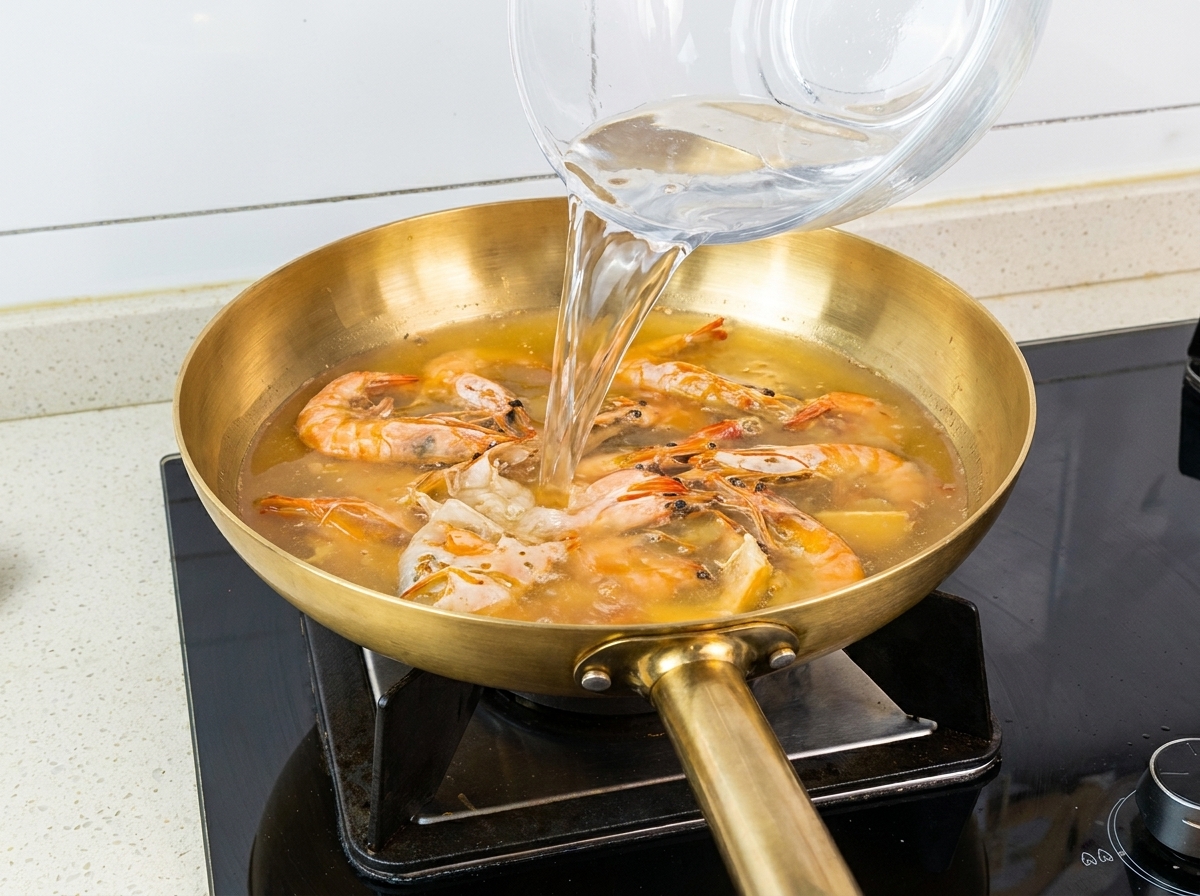 Wasser wird aus einer Glasschüssel in eine Pfanne mit gebratenen Garnelenschalen und gelber Flüssigkeit gegossen.