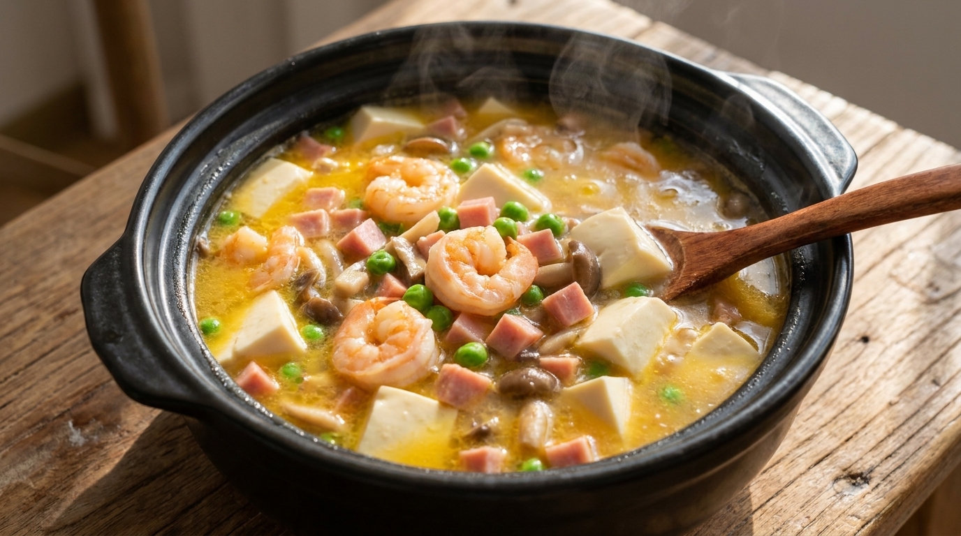 Herzhafte Sanxian Tofu-Suppe (Meeresfrüchte-Brühe mit gesalzenem Ei)