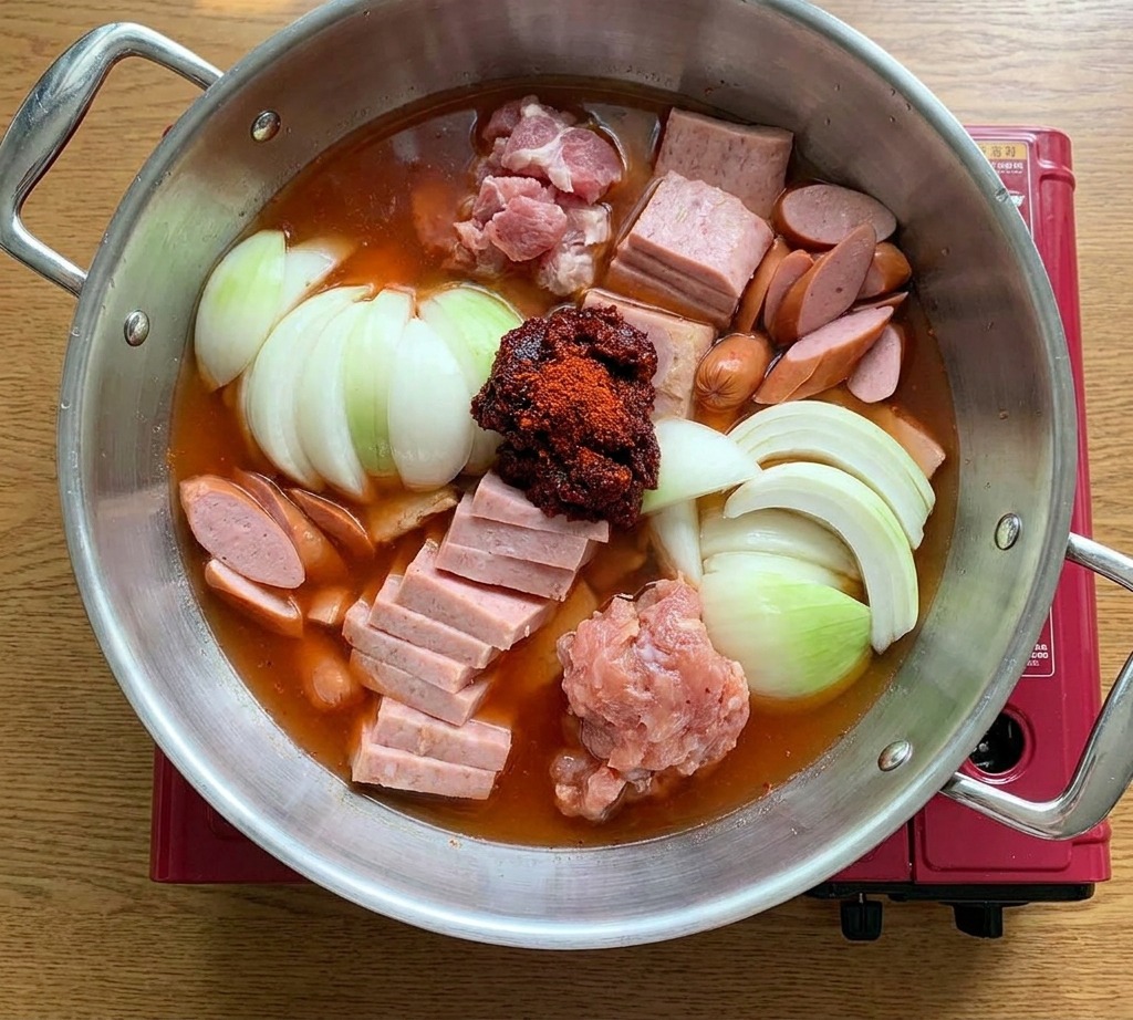 Ein großer Löffel mit roter Chilipaste wird in die Mitte des Topfes auf die Zutaten gesetzt.