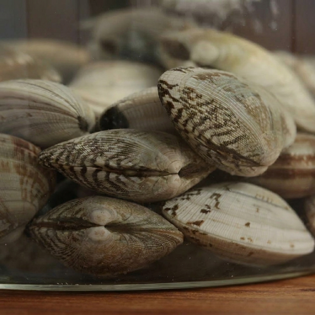 Nahaufnahme von Muscheln, die in einem Glasbehälter unter Wasser liegen.