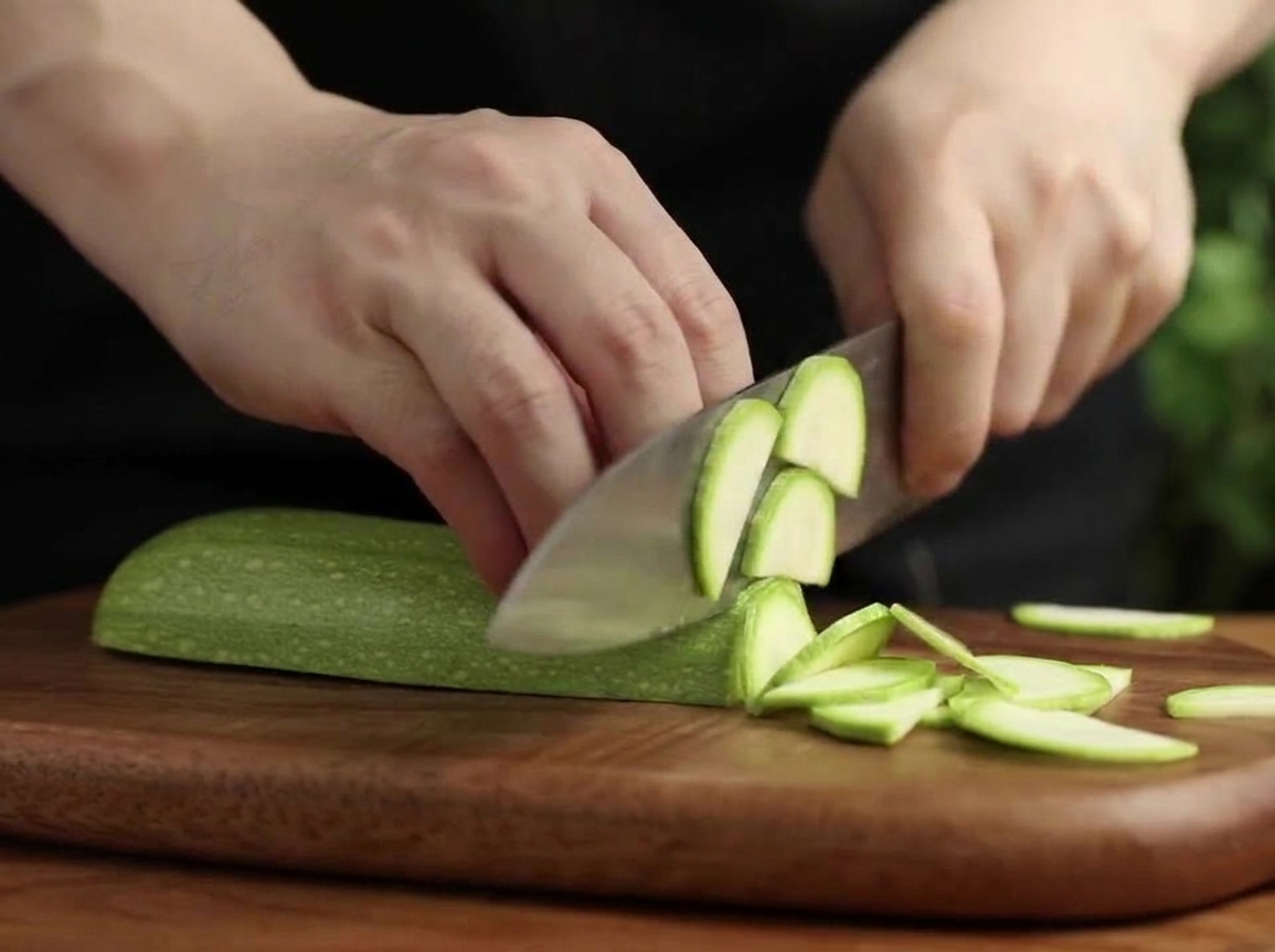Hände schneiden eine grüne Zucchini in Halbmonde auf einem Holzbrett.