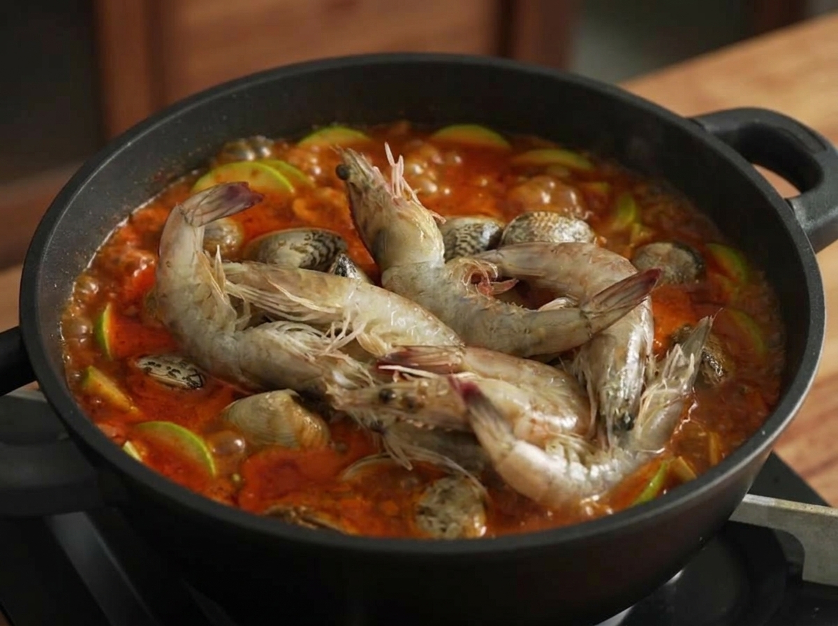 Rohe graue Garnelen werden zum kochenden Eintopf mit Zucchini und Muscheln hinzugefügt.