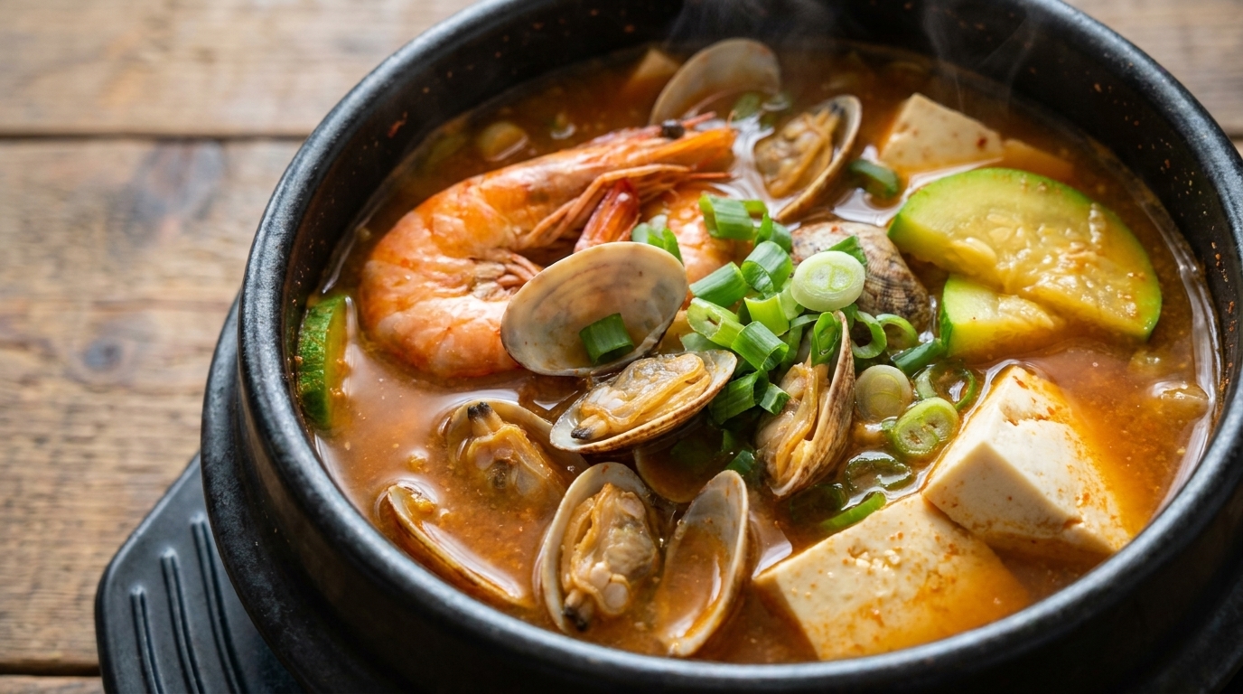 Scharfer koreanischer Meeresfrüchte-Eintopf (Haemul Doenjang-jjigae)