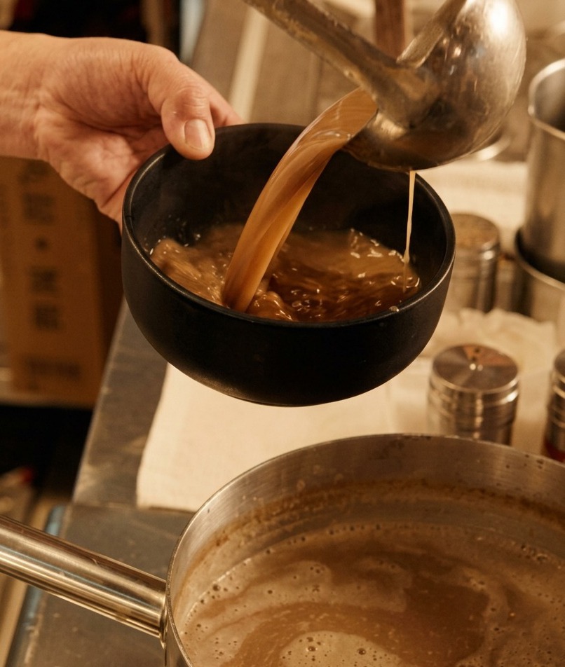 Dunkle, konzentrierte Ramen-Brühe wird aus einer Kelle aus Edelstahl in eine mattschwarze Keramikschale gegossen.