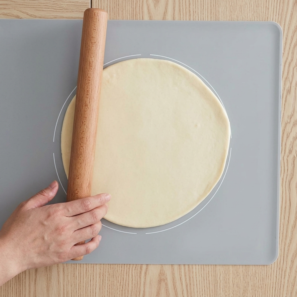 Eine Hand nutzt ein Nudelholz, um Teig auf einer grauen Matte flach zu einem glatten Kreis auszurollen.