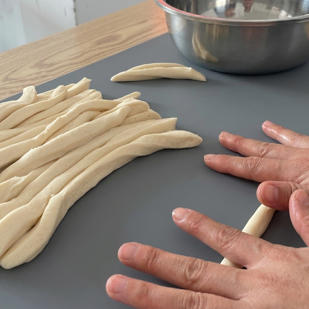 Hände rollen einen dicken Teigstreifen zu einer langen Nudel auf einer grauen Matte.