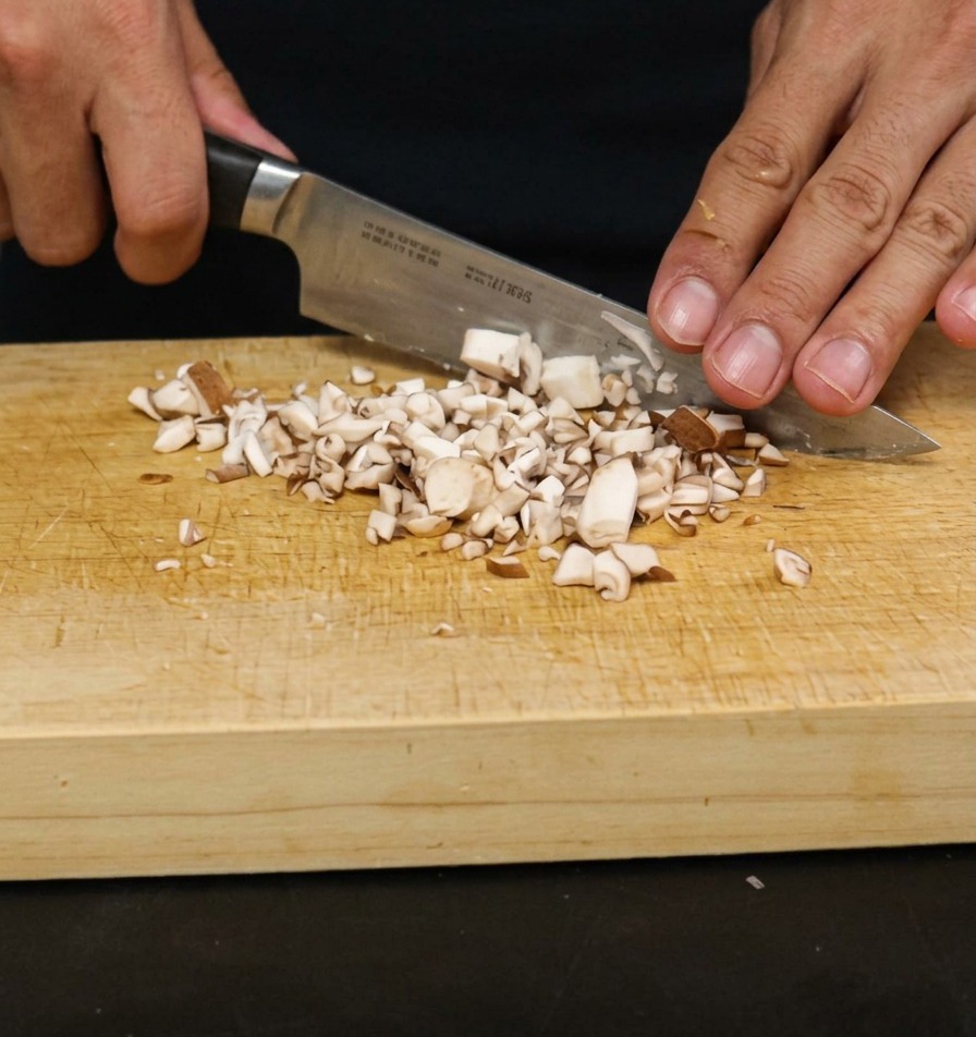Nahaufnahme eines Shiitake-Pilzes, der auf einer Holzoberfläche in kleine Würfel geschnitten wird.