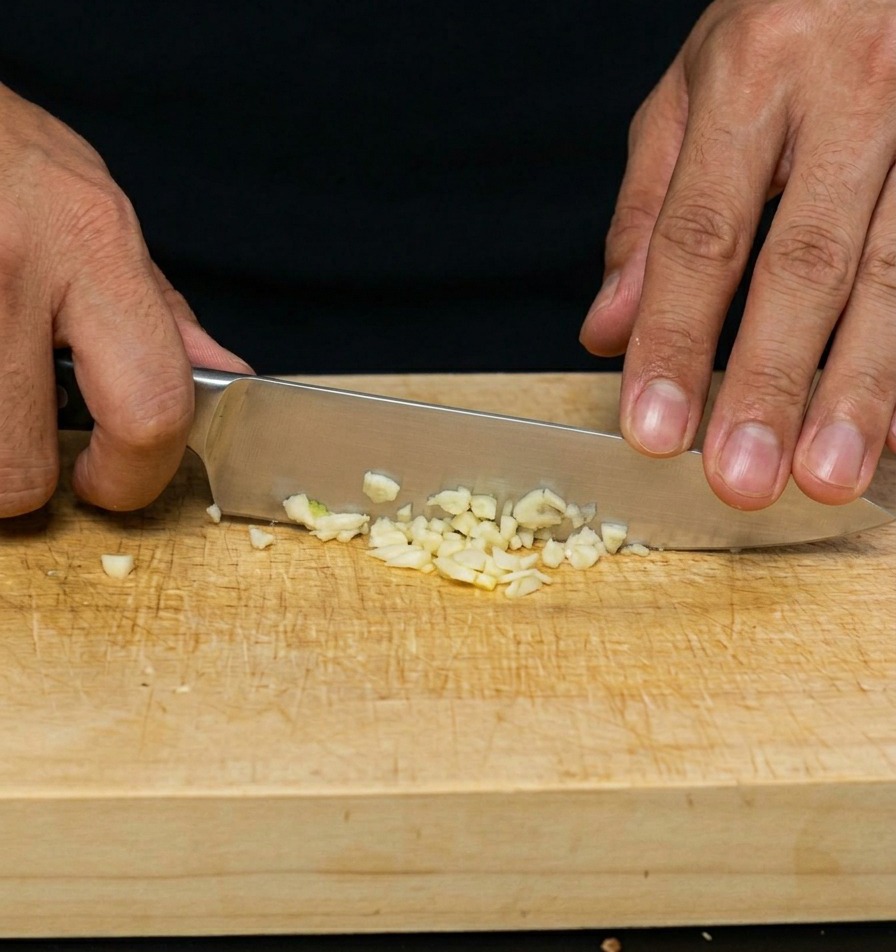Ein Koch zerkleinert eine Knoblauchzehe auf einem Holzbrett in winzige Stücke.