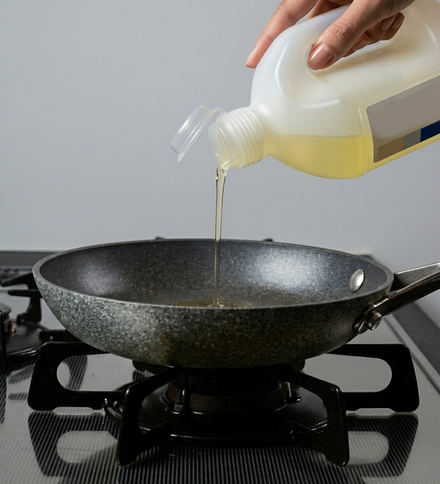 Pflanzenöl wird aus einer Flasche in eine grau gesprenkelte Pfanne auf einem Gasherd gegossen.
