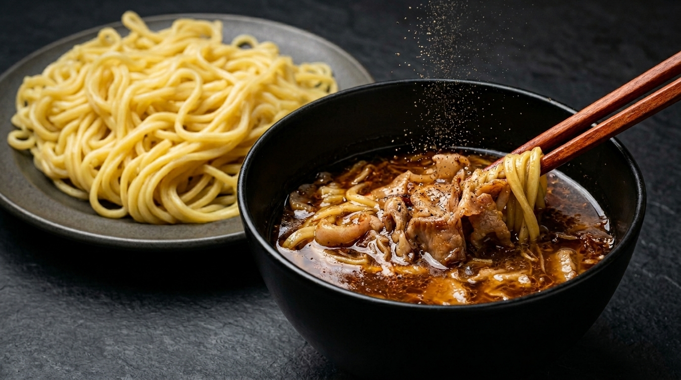 Tsukemen: Japanische Dipping-Nudeln mit herzhafter Meeresfrüchte-Schweinebrühe