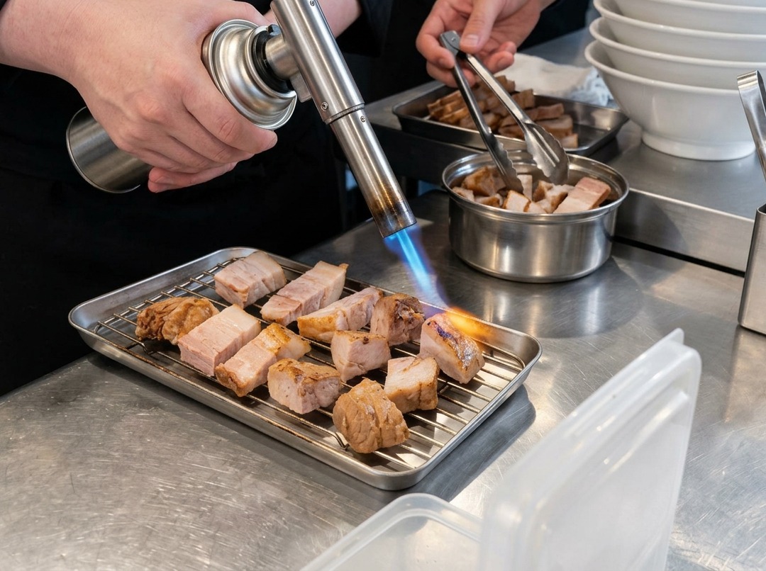 Ein Küchenbrenner flämmt mit blauer Flamme mehrere dicke Scheiben Schweinefleisch auf einem Metallgitter ab.
