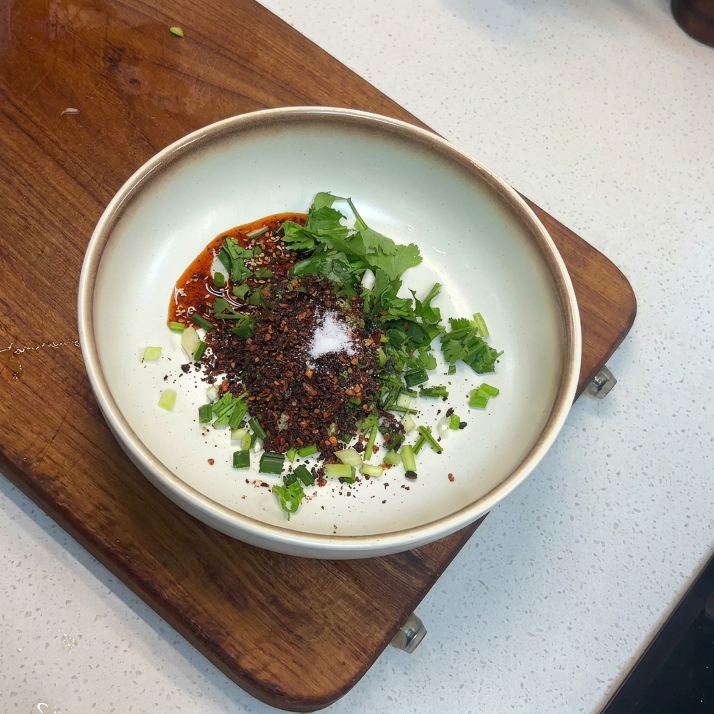 Eine Prise weißes Salz auf dunklen Chiliflocken und grünen Kräutern.