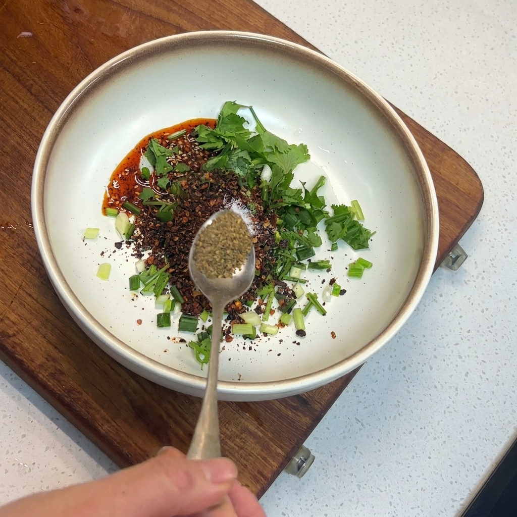 Ein silberner Löffel mit bräunlichem Sichuan-Pfefferpulver über einer Gewürzmischung.