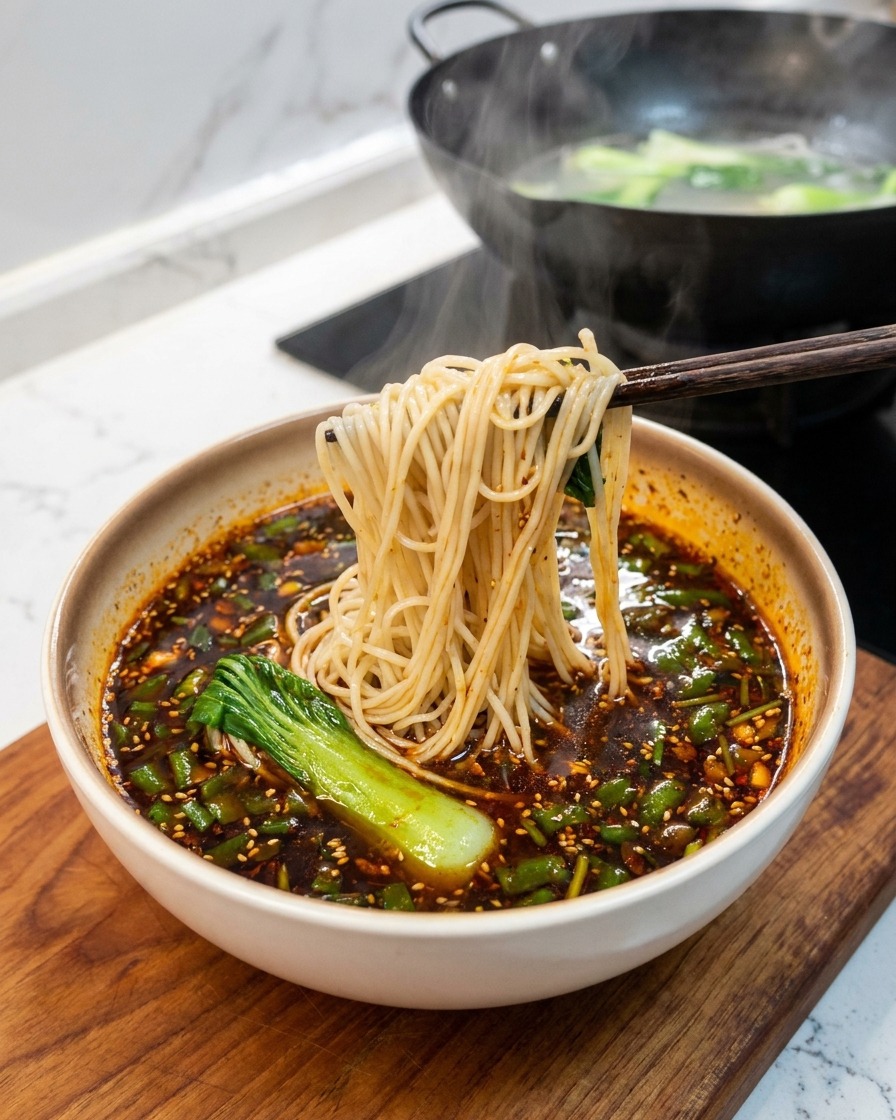 Stäbchen heben Nudeln und Bok Choy aus dem Wok in eine Schale mit scharfer Sauce.