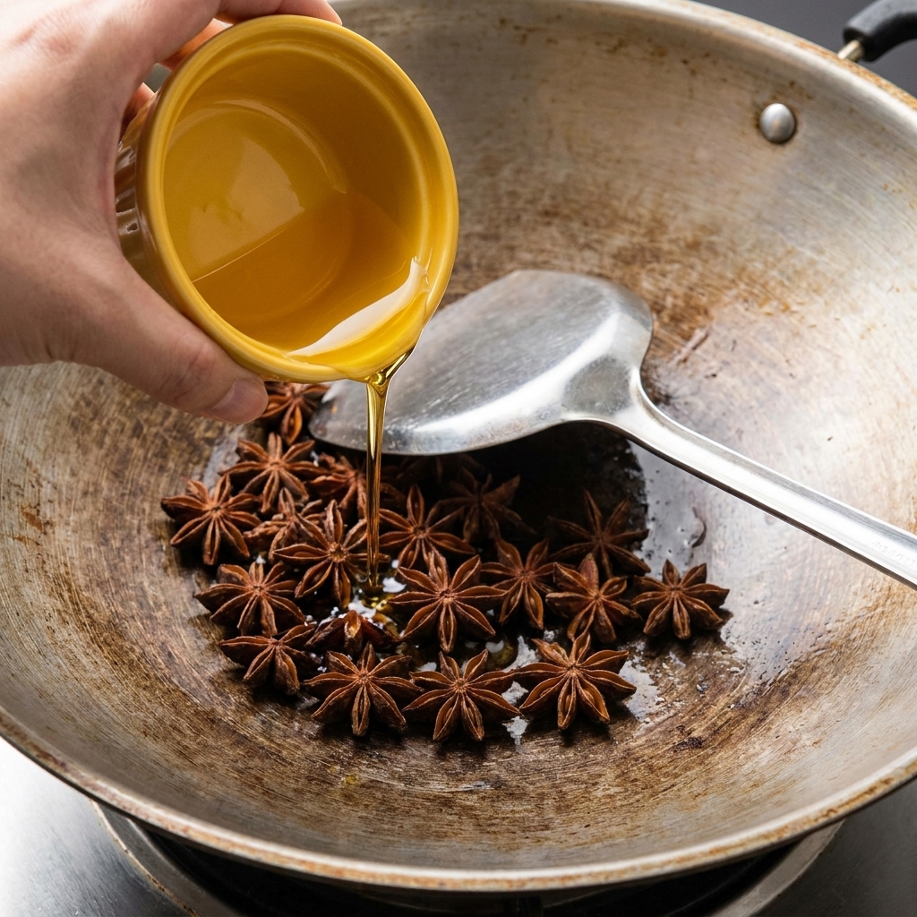 Ganze Sternanis-Sterne in einem Wok, die mit einer kleinen Menge Öl aus einem gelben Behälter beträufelt werden.