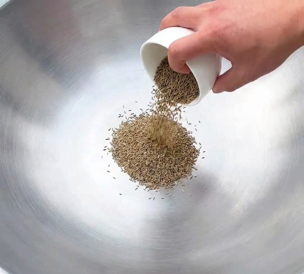 Ein Metallspatel rührt einen Haufen hellbrauner Kreuzkümmel- und Fenchelsamen in der Mitte eines dunklen Woks um.