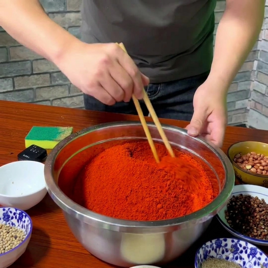 Eine Person benutzt Holzstäbchen, um einen Berg aus leuchtend rotem Chilipulver mit gemahlenen Gewürzen in einer Edelstahlschüssel zu vermengen.
