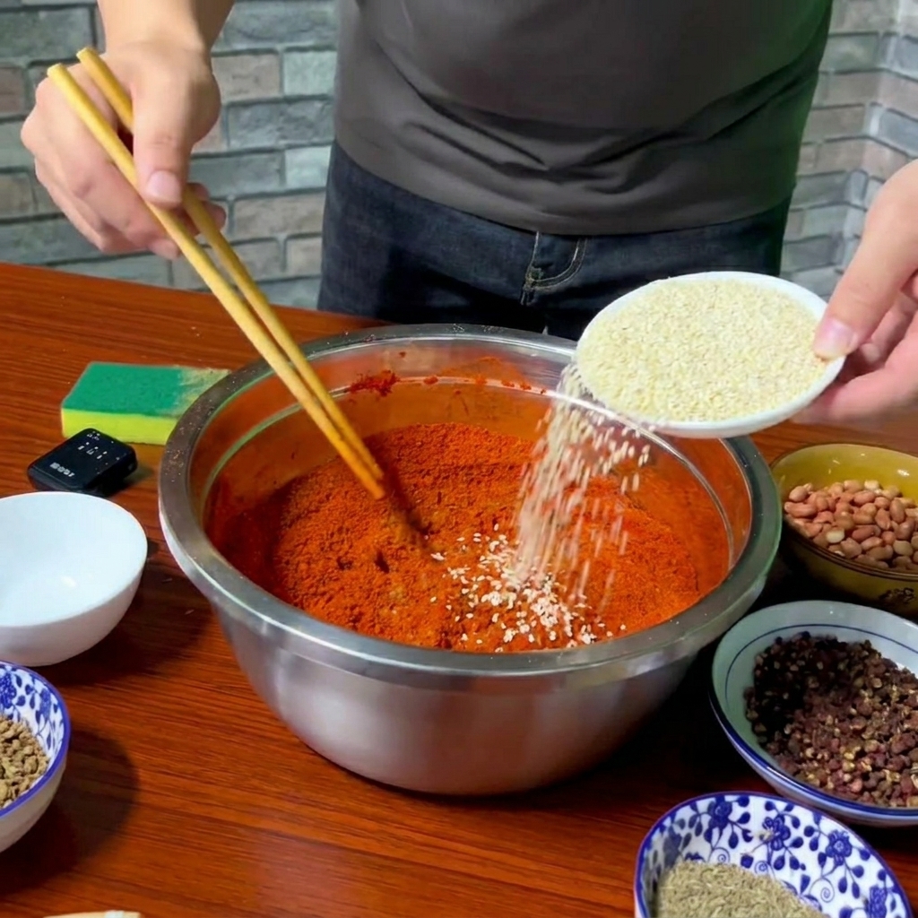 Weiße Sesamsamen werden aus einem kleinen weißen Schälchen in eine große Schüssel mit rotem Chilipulver gegossen.