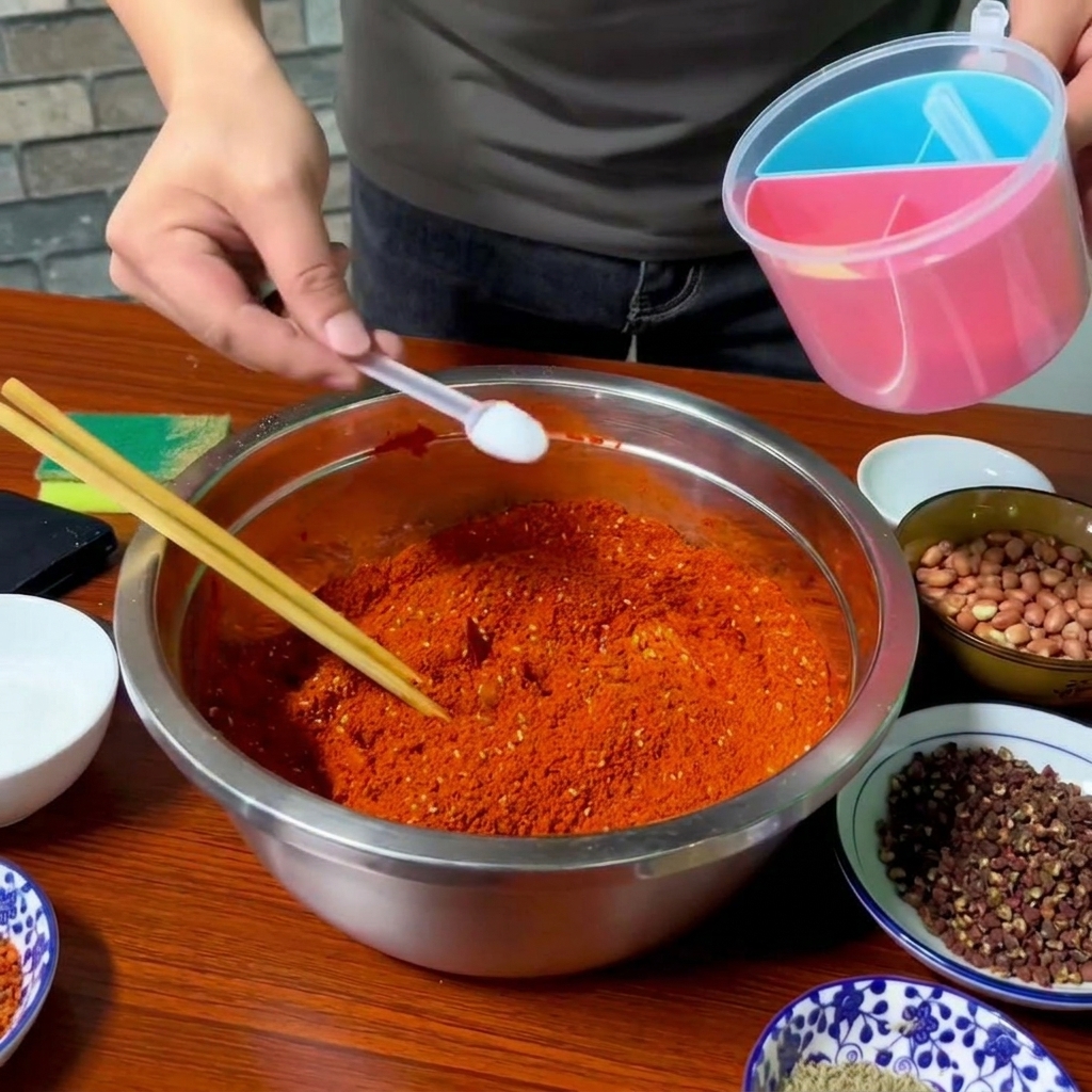 Ein kleiner weißer Löffel gibt Salz in eine Schüssel mit rotem Chilipulver, daneben wird ein rosa Gewürzbehälter gehalten.
