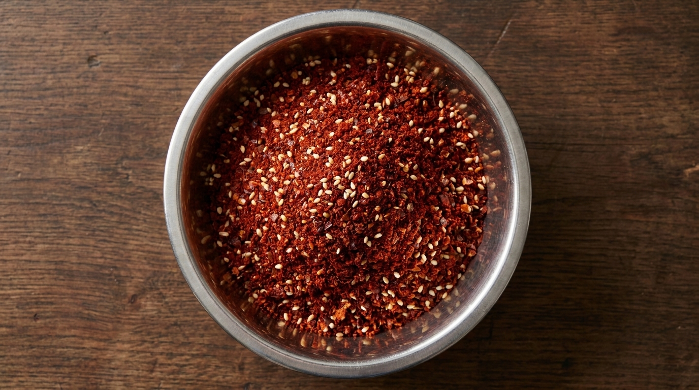 Eine Schale mit handgefertigtem Sichuan-Chilipulver, leuchtend rote Flocken vermischt mit geröstetem weißem Sesam.