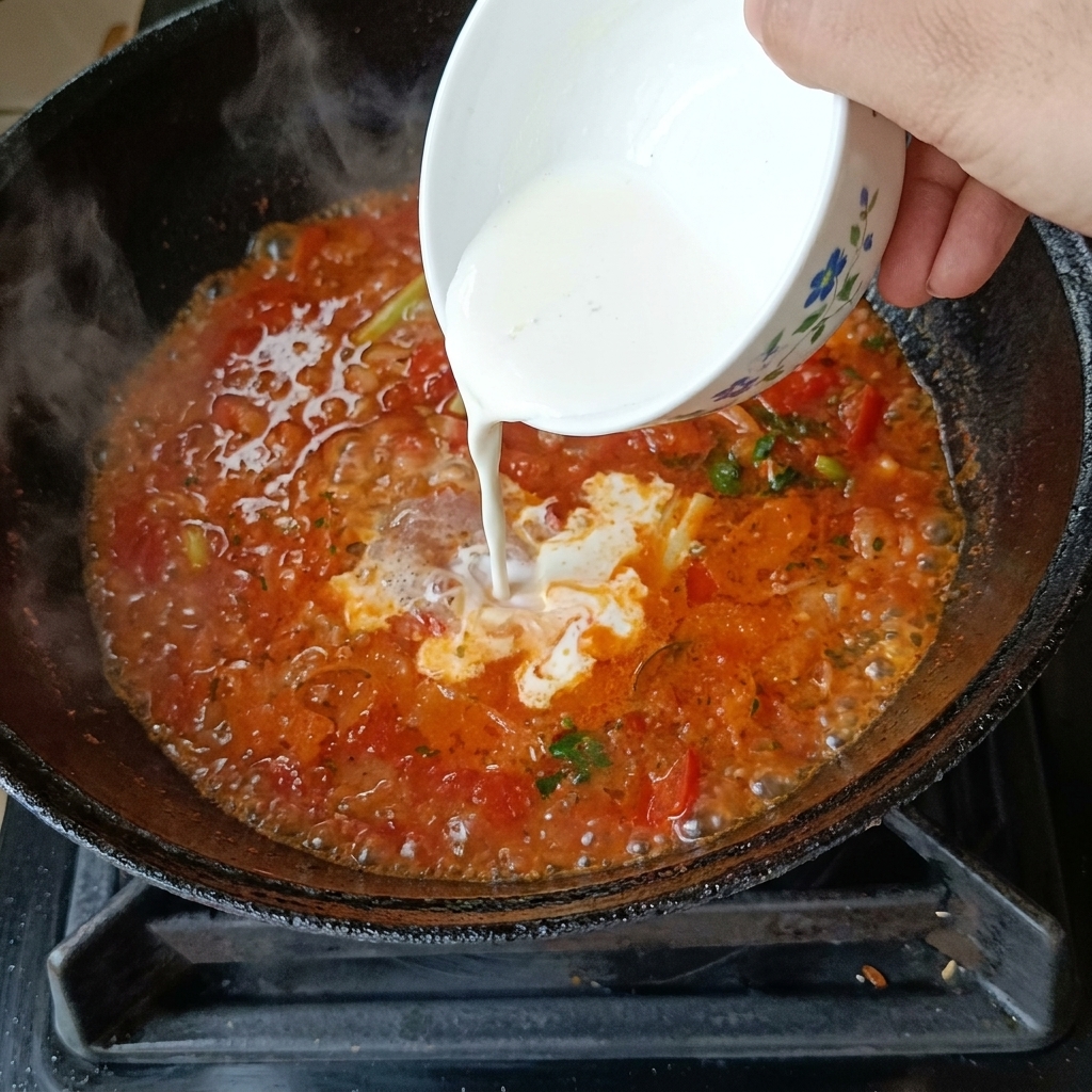 Eine Hand gießt verquirlte Eier in einer dünnen Spur in die kochende Tomatensuppe.