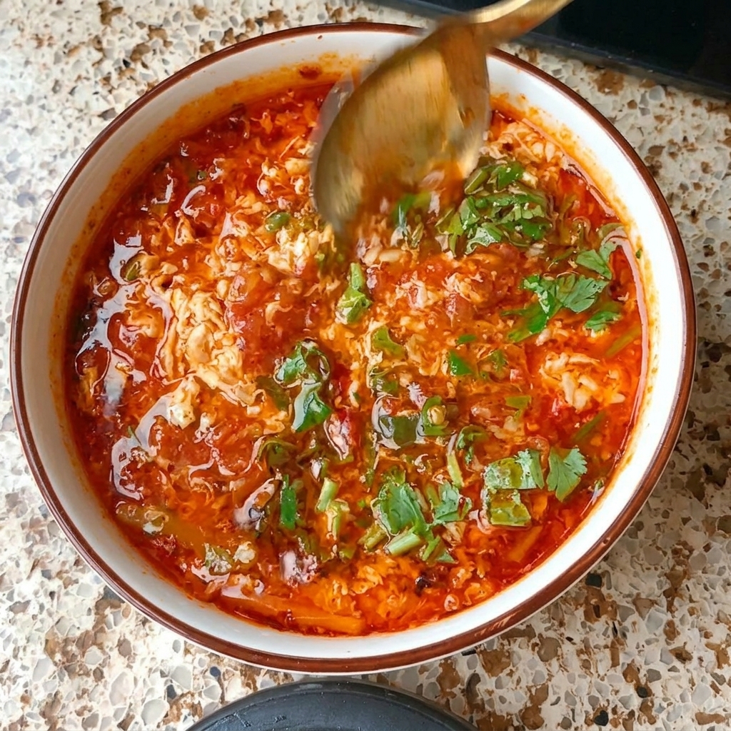 Ein goldener Löffel rührt frischen Koriander in eine Schale mit roter Tomaten-Ei-Suppe.