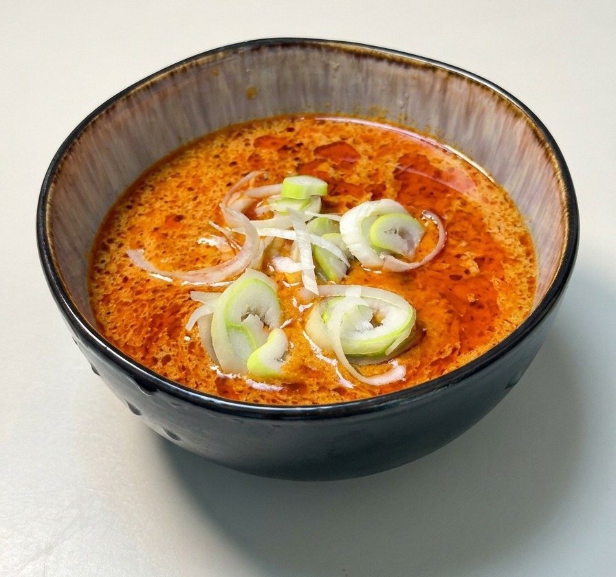 Eine schwarze Schale mit dicker Curry-Dipsauce wird mit Frühlingszwiebeln garniert.