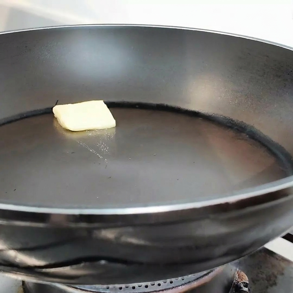 Ein Stück Butter schmilzt in der Mitte einer sauberen schwarzen Pfanne.