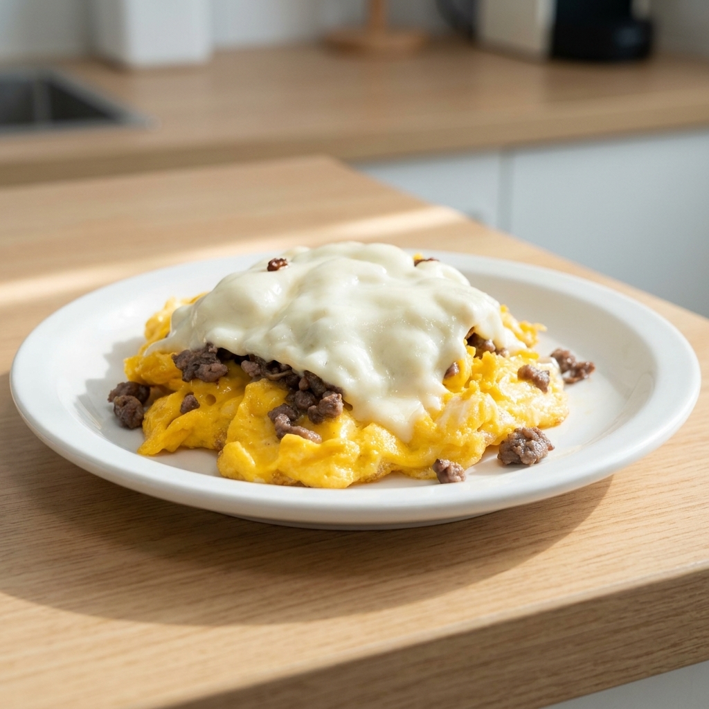 Ein Patty aus Ei und Fleisch auf einem Teller, überzogen mit einer dicken Schicht geschmolzenem Käse.