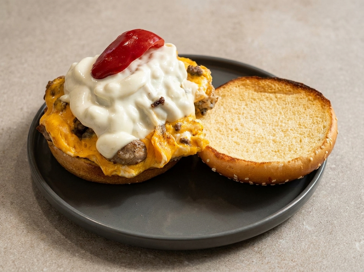 Ein offenes Burgerbrötchen auf einem Teller mit dem fertigen Fleisch-Ei-Stapel und etwas Sauce.