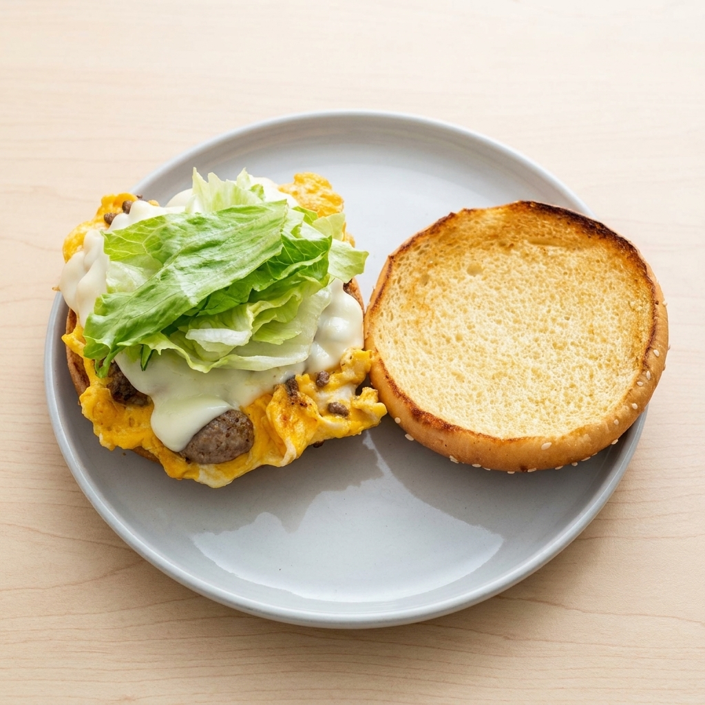 Frische grüne Salatblätter werden auf den fertigen Burgerstapel gelegt.
