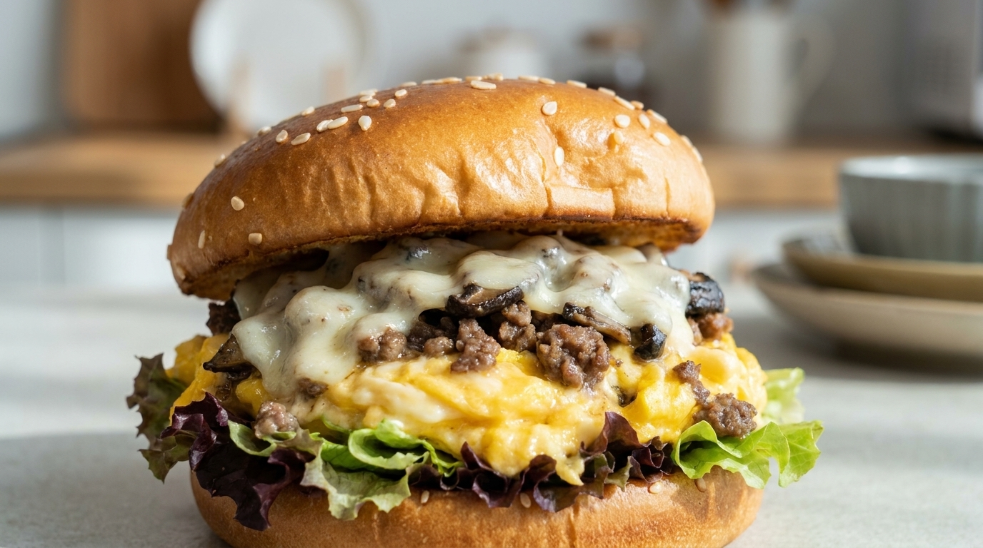 Saftiger Frühstücks-Burger mit Rindfleisch, Pilzen und Käse