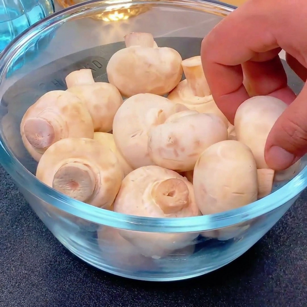 Eine Hand hält einen Champignon über eine Schüssel und bricht den Stiel vorsichtig ab.