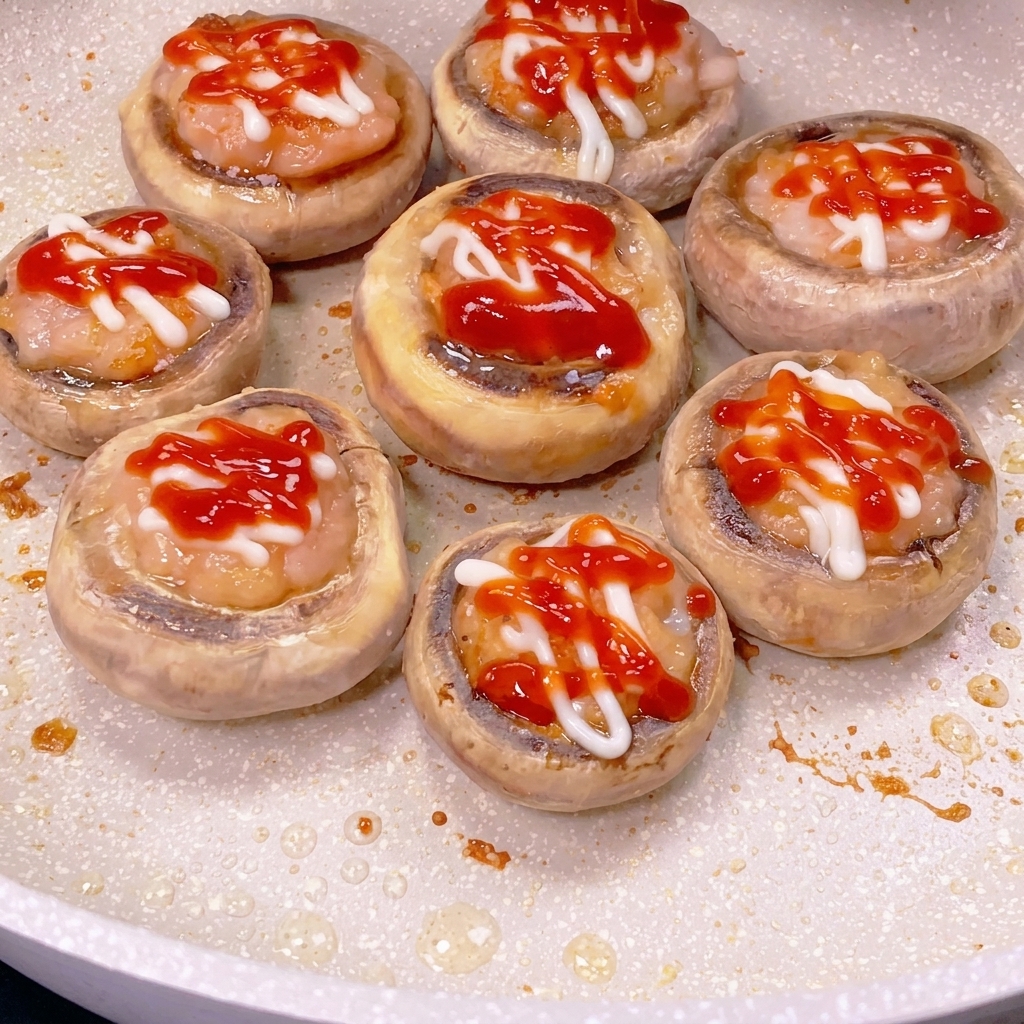 Acht Pilzköpfe mit Garnelen-Pattys, garniert mit Streifen aus Mayonnaise und Ketchup.