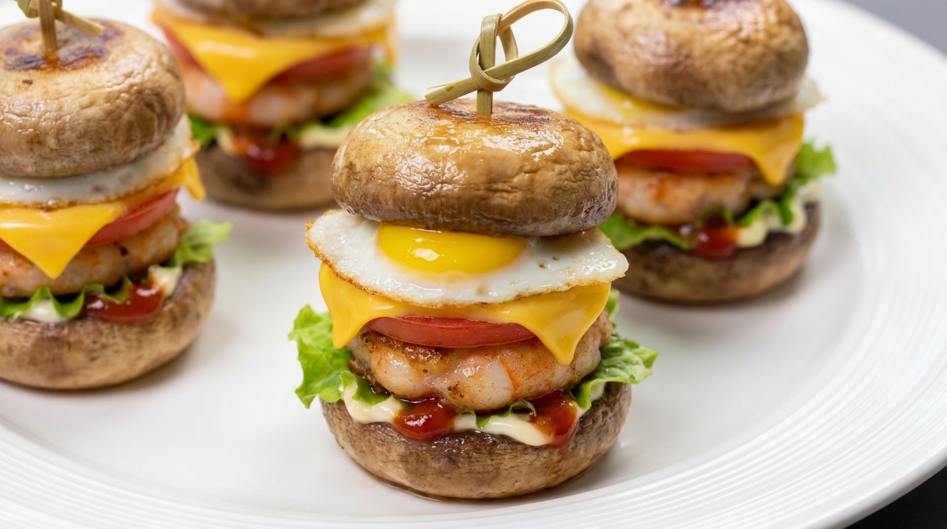 Mini-Pilz-Burger mit Garnelen-Patty und Wachtelei