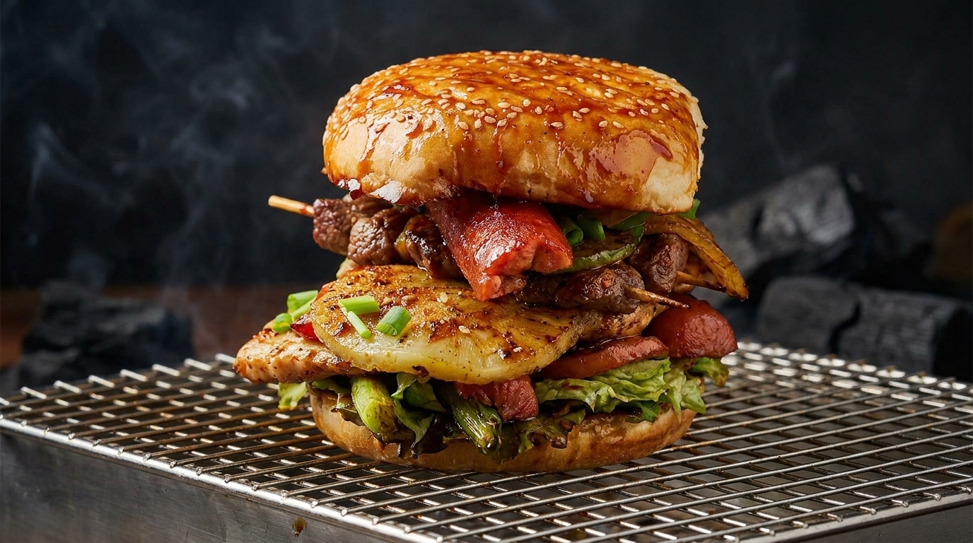 Ultimativer BBQ-Tower-Burger mit Grillspießen