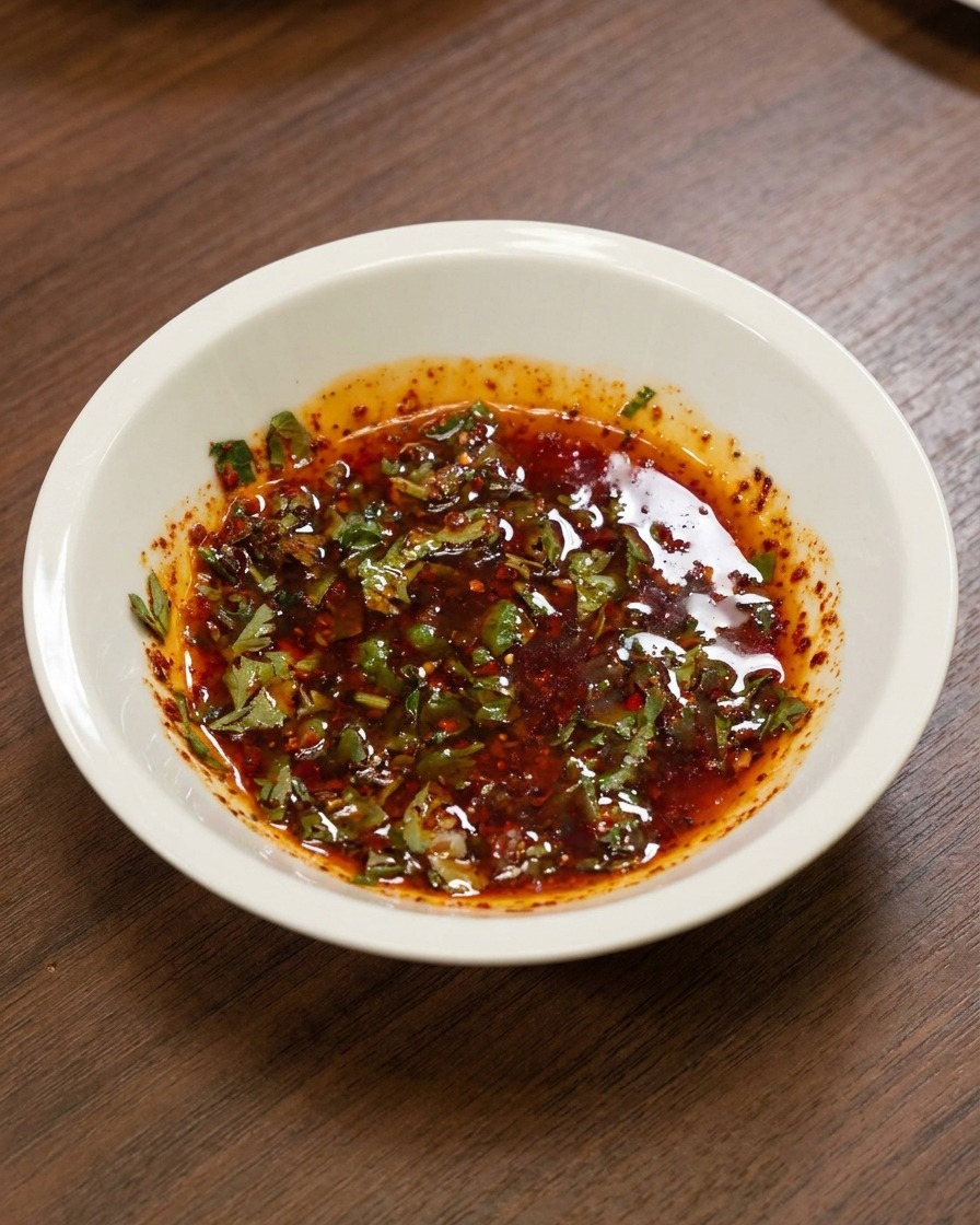 Eine weiße Schüssel mit einer gut vermischten roten Chili-Öl-Marinade und sichtbaren Korianderstücken.