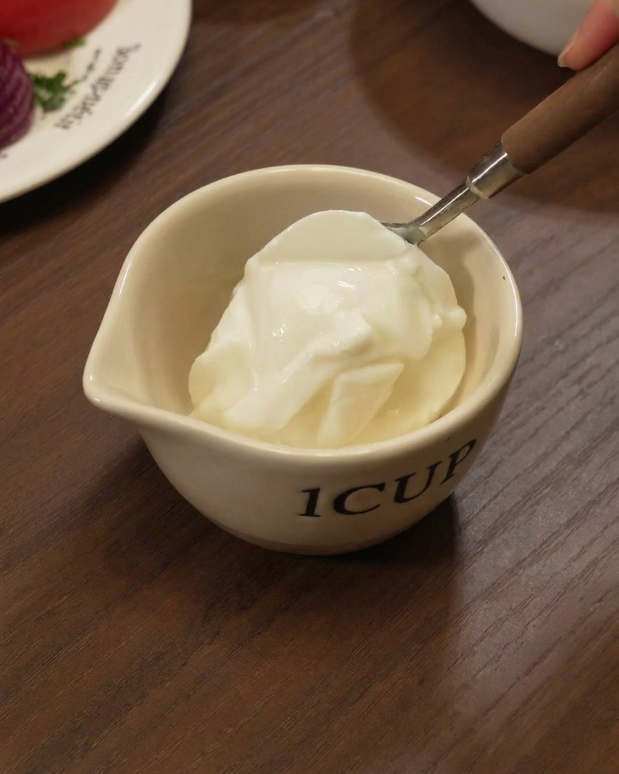 Ein Metalllöffel gibt einen Klecks dicken weißen Joghurt in eine kleine weiße Tasse.