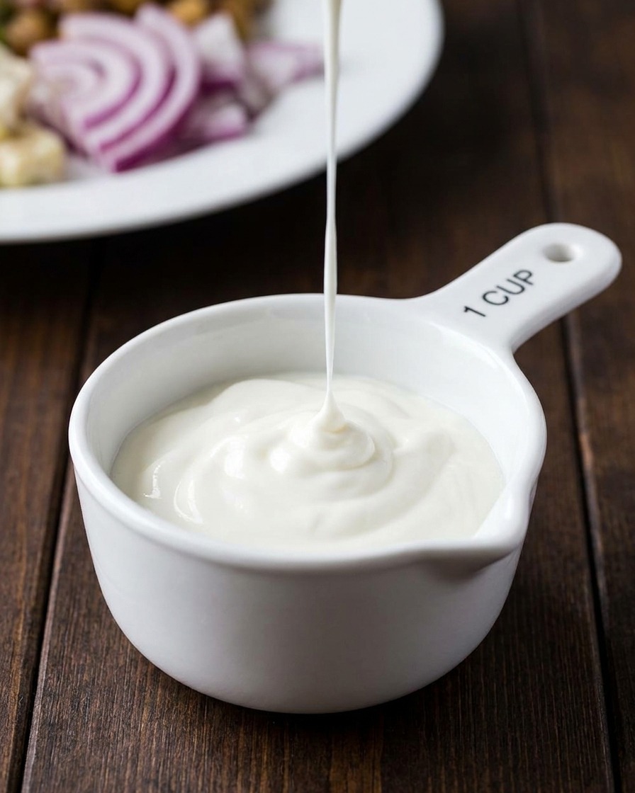Ein dünner Strahl cremiger weißer Mayonnaise wird in eine Schale mit Joghurt gegossen.